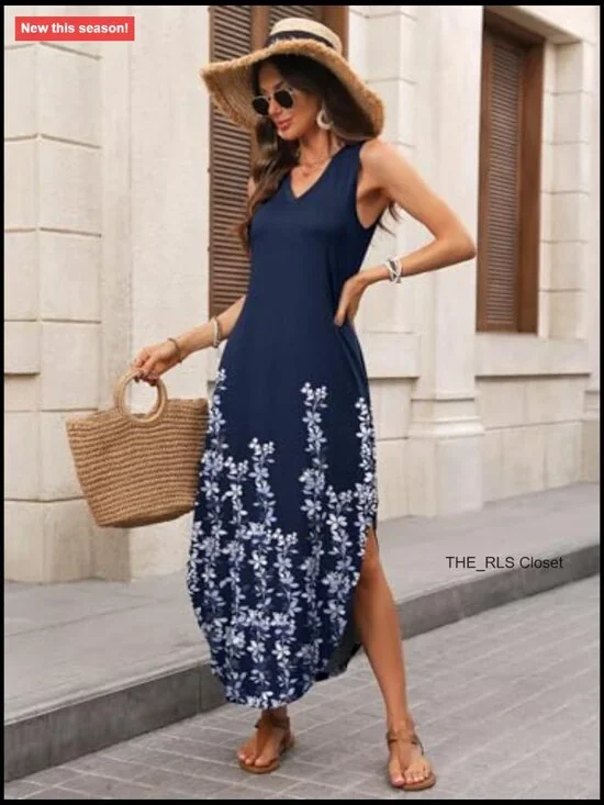 Maxi Dress with Pockets, V Neck, Sleeveless, Loose Fit, Rayon Polyester Blend - Picture 4 of 7